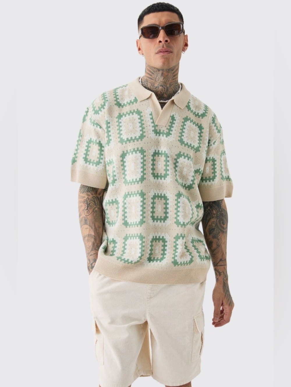 BoohooMAN Men’s Cream Polo Crotchet Knit Shirt Geometric Pattern Size XL NWOT